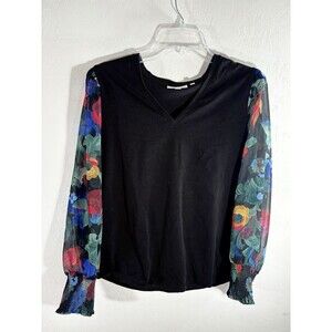 Chico's Black Floral Sheer Sleeve V-Neck Stretch Womens Medium Pullover Sz 1